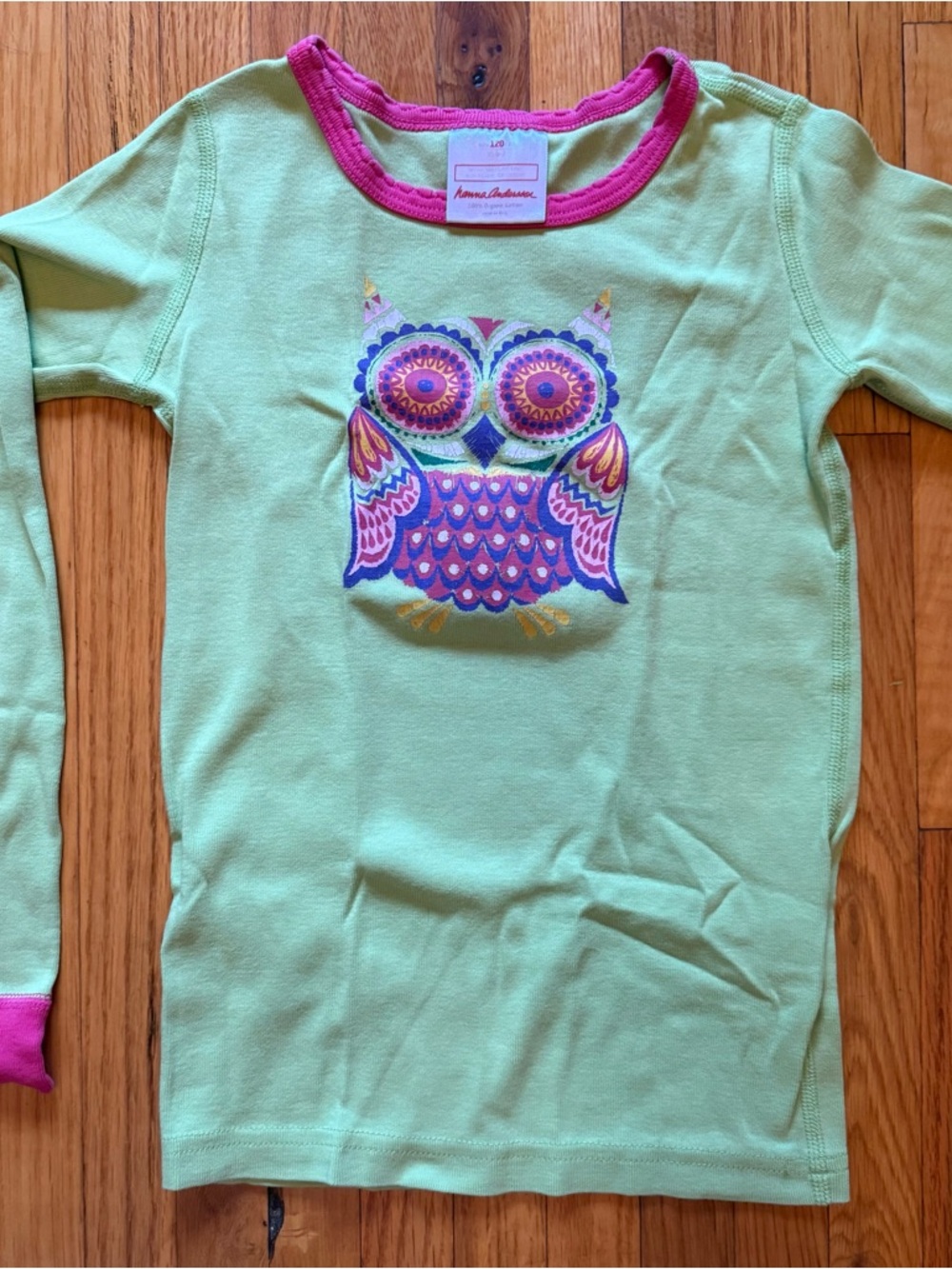 Hanna Andersson Green Owl Top & Pink Polka Dot Pajama Set - Picture 2 of 5